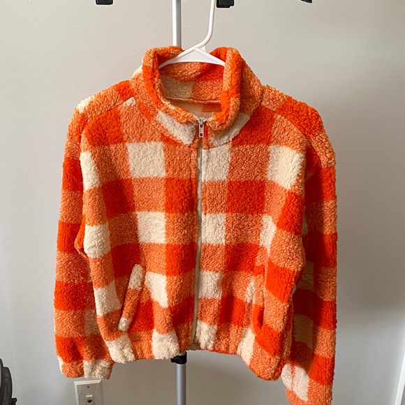 Active USA’s Winter Collection Orange and Cream Plaid Sherpa Jacket NWT - Picture 10 of 12